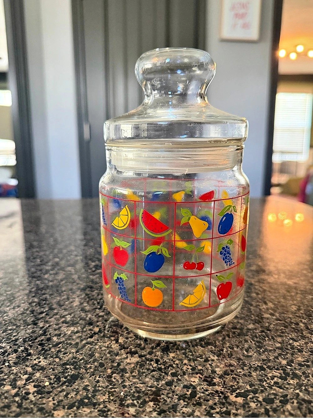 60s/70s vintage Fruit Pattern Glass Storage Jar with Lid